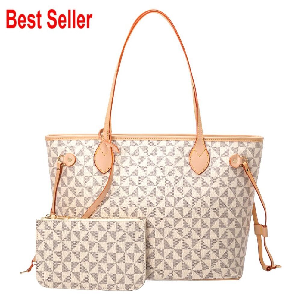 Faux Leather Checkered Tote Handbag with Wallet 2pcs